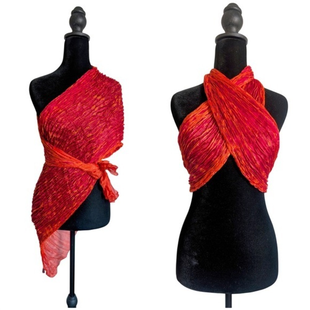 Vintage 00s Whimsical Boho Red & Orange Hand-Crafted Crinkle Pleated Silk Scarf